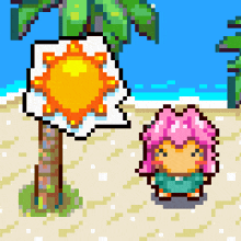 a pixel art drawing of a girl with pink hair and a palm tree