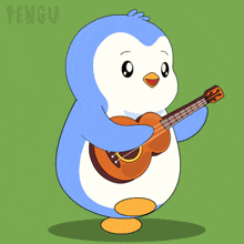 a cartoon penguin is holding a guitar and the word pengu is on the bottom right