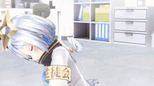 a girl with white hair and a blue scarf is waving