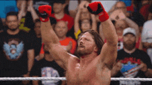 a wrestler wearing red boxing gloves stands in front of a crowd with his arms in the air