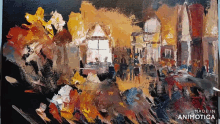 a painting of a building on fire is made in animatica