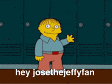 a cartoon character says hey josethejeffyfan while standing in front of lockers