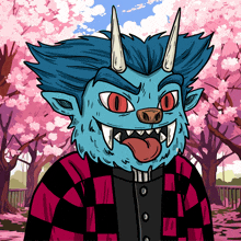 a cartoon drawing of a blue monster with horns and red eyes
