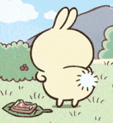 a cartoon rabbit is standing in a grassy field