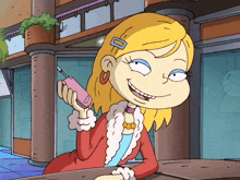 a girl from rugrats is talking on a pink cell phone