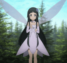 a girl with long black hair and fairy wings is standing in a forest