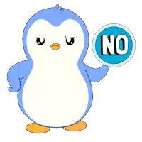a penguin holding a sign that says no on it