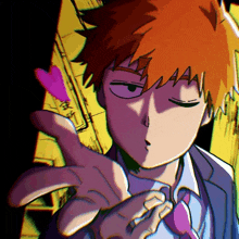 a drawing of a man with orange hair and a purple tie