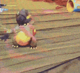 a cartoon character is laying on the ground while another cartoon character stands behind him