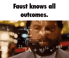 a man with a beard is looking at a mathematical equation in front of him .