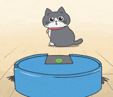 a cartoon of a cat sitting on top of a blue robotic vacuum cleaner
