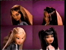 four dolls with different hairstyles are shown on a purple background