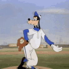 a cartoon character is standing on a baseball field holding a glove