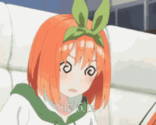 a girl with orange hair has a green bow on her head and says " che blia "