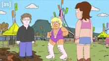 a cartoon of a man standing next to a woman in a purple outfit with a star on her chest