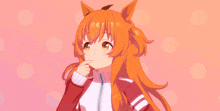 a girl with orange hair is standing in front of a table with food on it