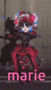 a picture of a girl in a red dress with the name marie below her
