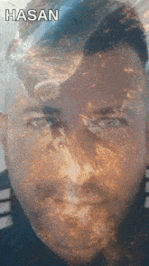 a man 's face with a reflection of an eagle and the name hasan on the bottom