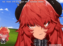 a cartoon of a girl with red hair says so yeah it 's it 's silly how glasses work ..