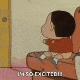 a cartoon character is sitting on a couch and saying `` im so excited ! ''
