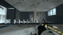 a row of white robots are lined up in a room with a portal behind them