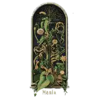 a stained glass window with the word mania written below it
