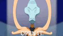 a cartoon character holding a mask with the words open it written below it