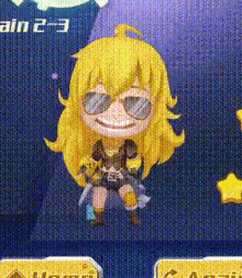 a cartoon character with yellow hair and sunglasses is smiling in front of a blue background with the number 2-3 on it