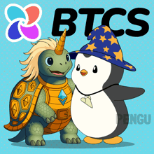 a turtle and a penguin are standing next to each other with the words btcs behind them