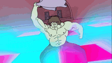a cartoon drawing of a shirtless man holding a pillow over his head