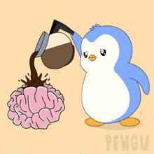 a penguin is pouring coffee into a brain and the word pengu is on the bottom