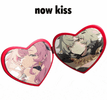 a heart shaped mirror with a picture of a girl and the words now kiss above it