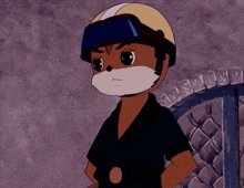 a cartoon character wears a helmet and goggles