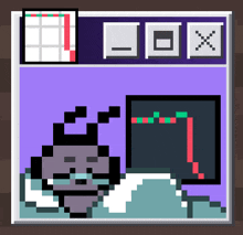 a pixel art of a monkey laying in front of a computer screen with a graph on it