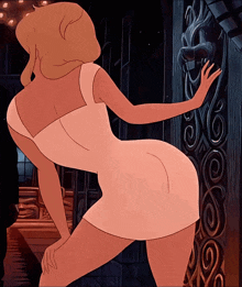 a cartoon of a woman in a white dress touching a door