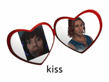 a pair of heart shaped glasses with a picture of a woman and the word kiss on the bottom