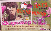 a picture of a man with a hello kitty and the words disgusting so dumb
