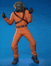 a man in an orange jumpsuit is holding a gas mask and a backpack