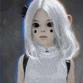 a girl with white hair and black eyes has black dots on her face