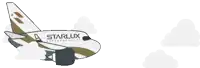 a cartoon drawing of a starlux airplane flying in the sky