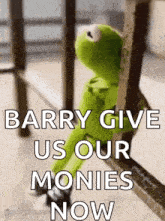 kermit the frog is sitting on a railing looking out a window .