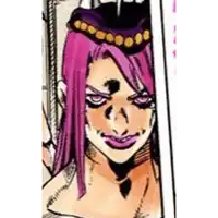 a cartoon of a woman with purple hair and a hat on her head .