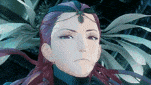 a close up of a cartoon character 's face with purple hair and leaves in the background