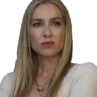 a close up of a woman 's face with a white shirt on