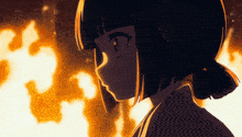a close up of a girl 's face in front of a fire