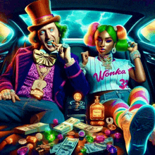 a man and a woman are sitting in a car and the woman is wearing a wonka jersey