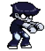 a pixel art of a boy in a black shirt and blue jeans is standing in a karate pose .