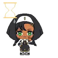 a pixel art of a girl with green eyes