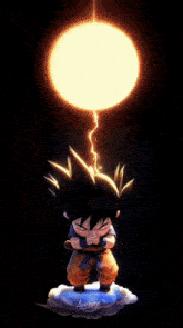 a cartoon character named goku is standing on a cloud with a lightning bolt coming out of his head