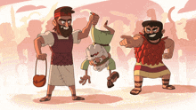 a cartoon drawing of a man with a beard holding a child upside down